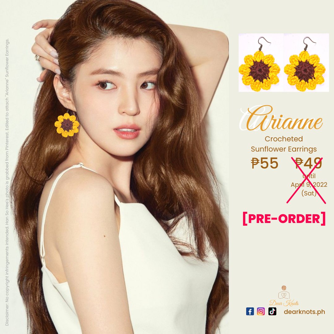 DearKnots's tweet photo. Original prices are effective starting today, April 10, 2022. 

#DearKnotsPH #crochet #crocheter #crochetph #crochetbusiness #smallbusiness #crocheted #sunflower #earrings #handmadewithlove https://t.co/tZ7rfSqmT7