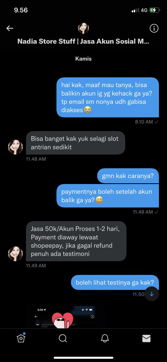 rutowatanb's tweet photo. HELP RT

Penipuan jasa akun yang terblokir, banned, kehack, lupa password.

Nadia Store Stuff (@NadiaStoreIND)

awalnya akun ig ku kehack trs nyari jasa yg bisa balikin akun yg kehack akhirnya nemu akun si nadia ini krn dia sering komen di twt orang yg lg nyari jasa akun ke hack https://t.co/sqtTECHKy7