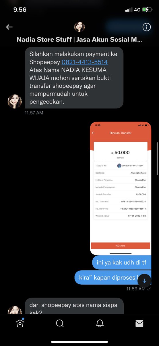 rutowatanb's tweet photo. HELP RT

Penipuan jasa akun yang terblokir, banned, kehack, lupa password.

Nadia Store Stuff (@NadiaStoreIND)

awalnya akun ig ku kehack trs nyari jasa yg bisa balikin akun yg kehack akhirnya nemu akun si nadia ini krn dia sering komen di twt orang yg lg nyari jasa akun ke hack https://t.co/sqtTECHKy7