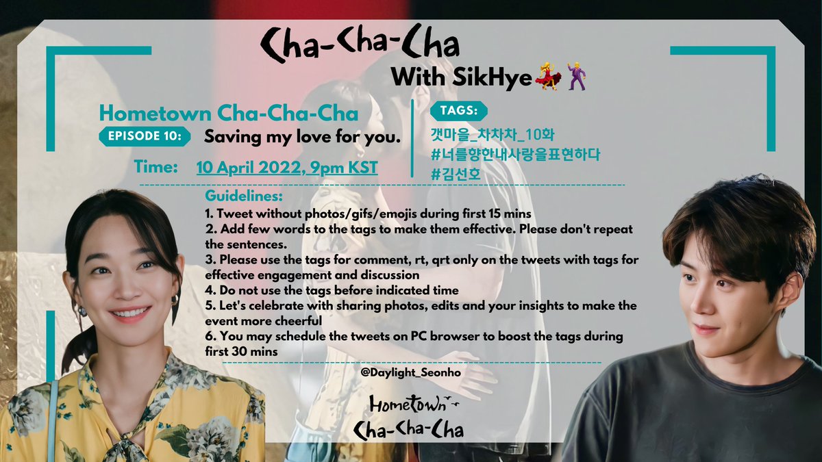 ksh_sasianfc's tweet photo. Dear Seonhohada,

You are invited to celebrate our weekly event "ChaChaCha With SikHye💃🕺"
tonight at 9 PM KST. Let's cherish the moments of Homcha EP10 following hashtag below. Pls join💙

갯마을_차차차_10화
#️⃣너를향한내사랑을표현하다
#️⃣김선호 https://t.co/PD0YqV443i
