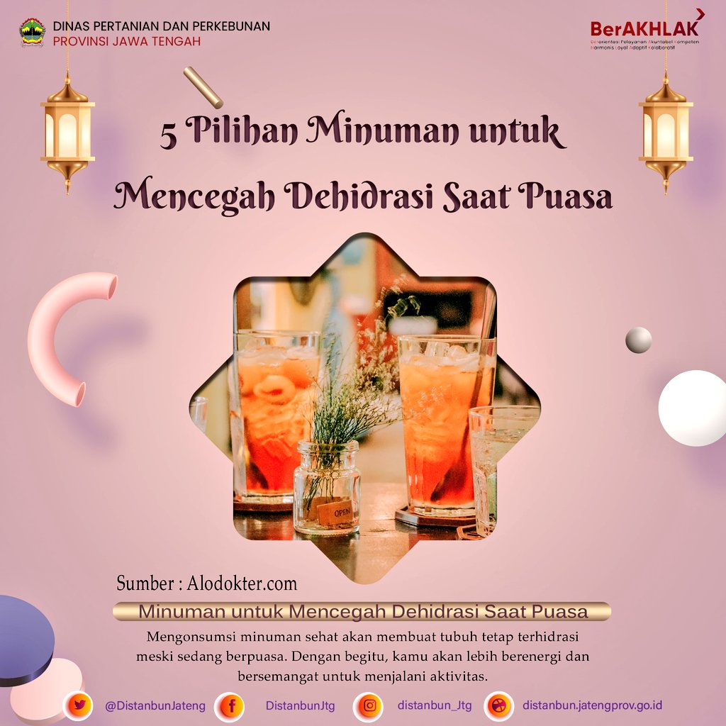 distannakjateng's tweet photo. Walau berpuasa di bulan Ramadhan ini, kecukupan cairan tubuh sangat penting untuk tetap dipelihara. Mimin share 5 pilihan minuman yg direkomendasikan untuk mencegah dehidrasi saat berpuasa ya. Simak yuk!..(Thread)

#JatengGayeng
#BeliProdukPetani 

@ganjarpranowo 
@ClpSupriyanto https://t.co/epd2v9P7FR