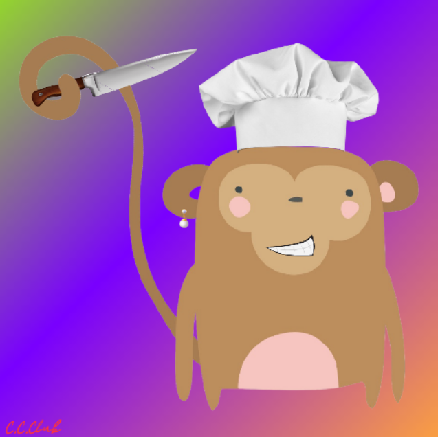 An NFT created by ccclub NFT. A monkey in a chefs hat holding a knife with it's tail
