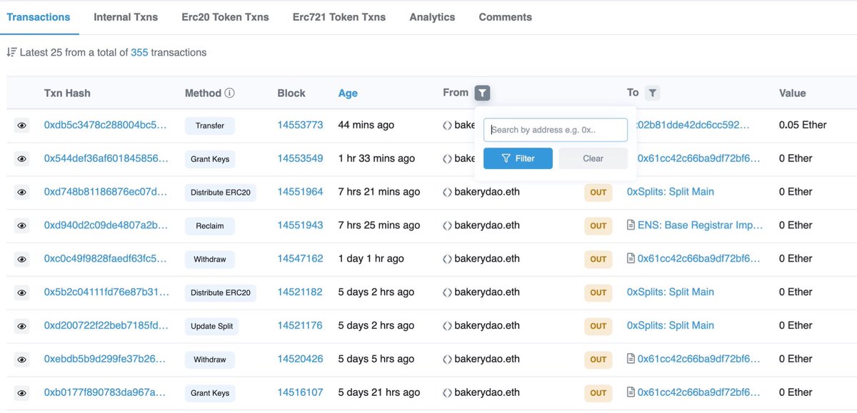 3. Transaction FilteringEtherscan lets you filter tx history by address for any ERC-20 or NFT you wish.This can even get broken down to transactions including only specific to/from addresses.Looking for something detailed? This has you covered.