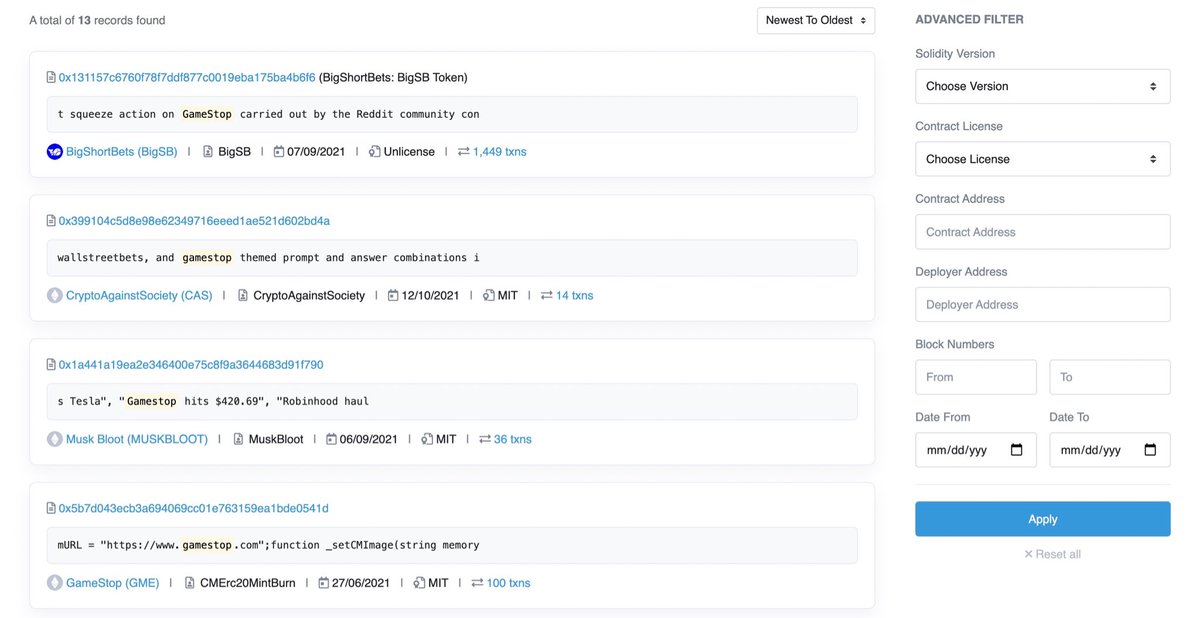 6. Smart Contract SearchAre you looking for the ultimate search engine for smart contracts?The etherscan smart contract search is the best there is. It is my number one tool when digging for alpha.Is token x deployed yet? What are all the contracts that contain x?