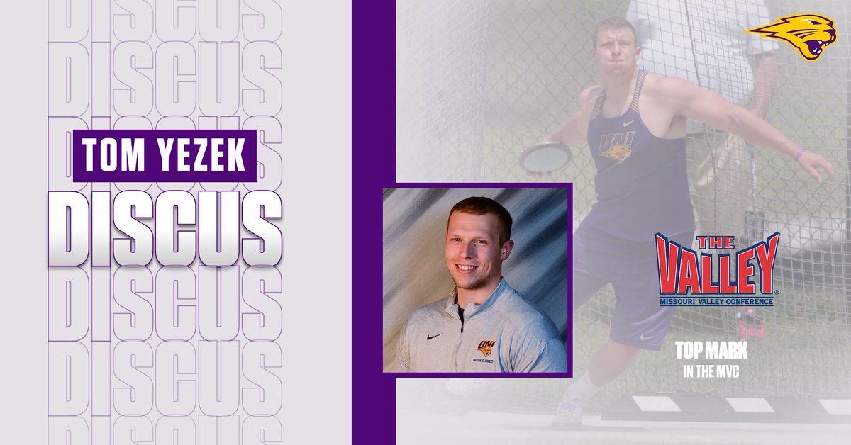 UNITrackFieldXC's tweet photo. WINNER! WINNER! Panther Tom Yezek takes over the top spot in the @MVCsports with his winning throw in discus today at the KT Woodman Classic! 

Former owner of the No. 1 spot: teammate Darius King! #EverLoyal 

🥇 Tom Yezek 56.11m (184'1") https://t.co/jscw5Xgx2p