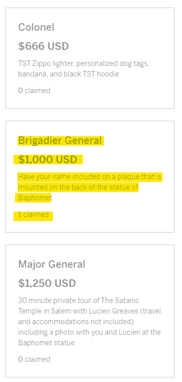 Brigadier General
$1,000 USD
Have your name included on a plaque that is mounted on the back of the statue of Baphomet
1 claimed