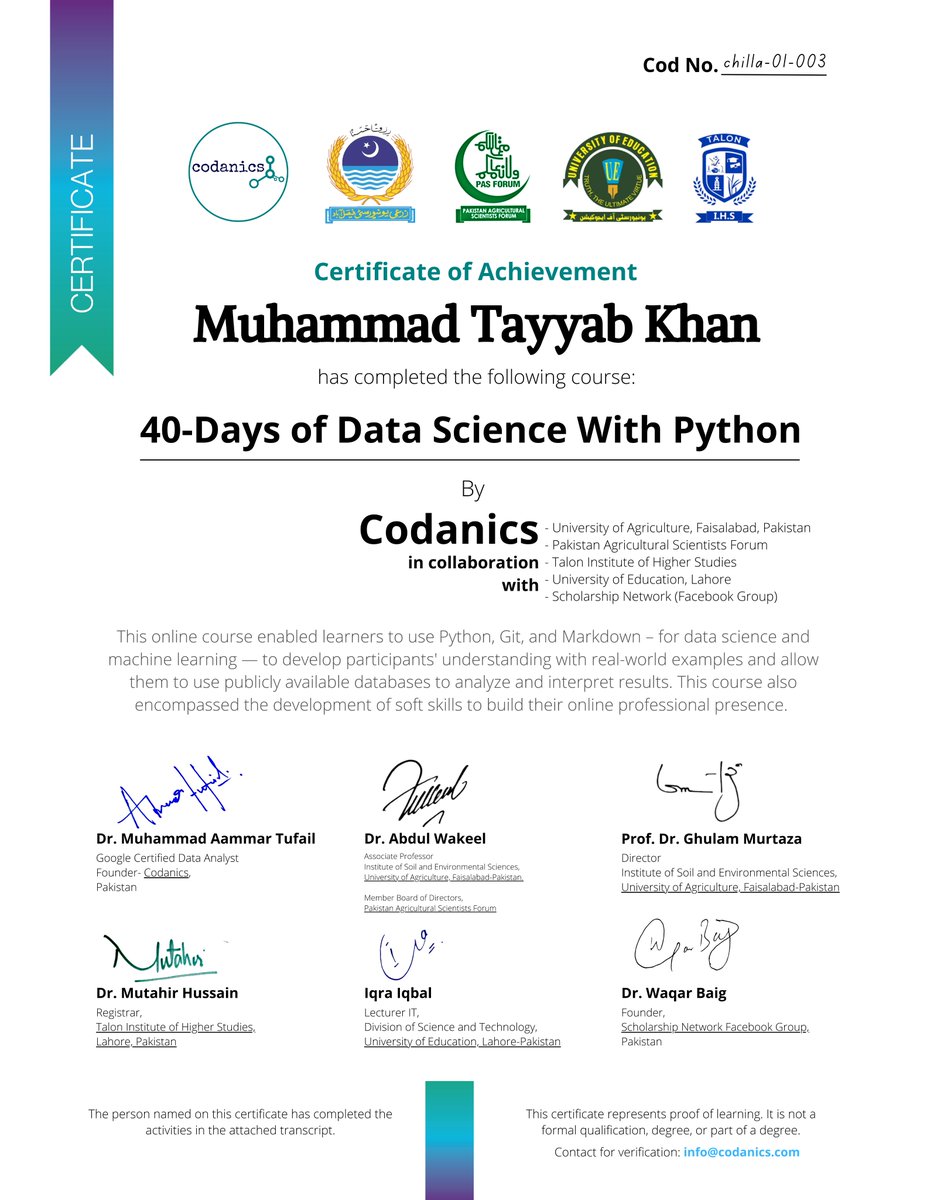 M_Tayyab_Khan33's tweet photo. It was a great experience to be a part of this course. before that I have no idea about Data Science. but now I can proudly say that I am pone three (more than half) Data scientists.
thank you sir @aammar_tufail 
#DataScience  #DataAnalytics #python_ka_chilla https://t.co/U5jfQk0tyS