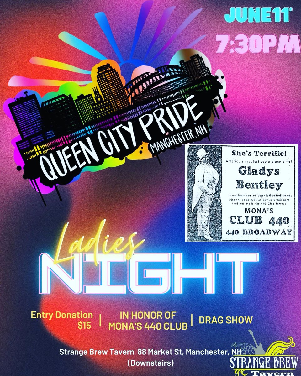 QueenCityPride2's tweet photo. June is getting even more festive in Manchester Calling all ladies!!! Queen City Pride will be honoring “Mona’s 440 Club” #ComeOutWithUs at Strange Brew Tavern June 11th Downstairs starting at 7:30pm https://t.co/L85C4jWkMw