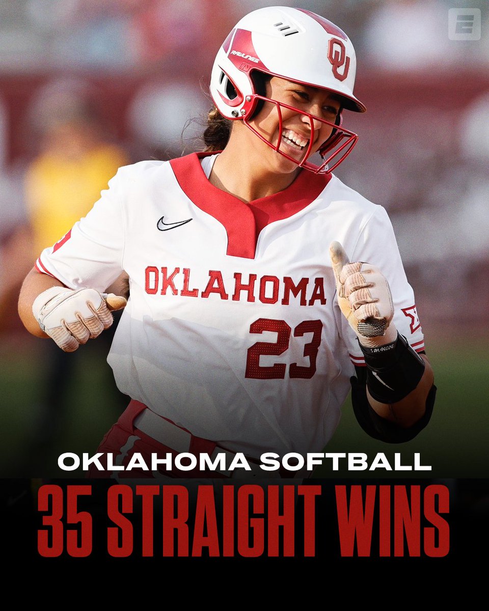 espn's tweet photo. The Sooners are tied for the longest win streak to open a season in Division I history‼️ #ThatsaW 

📸 @OU_Softball https://t.co/3ysYTj1rN9
