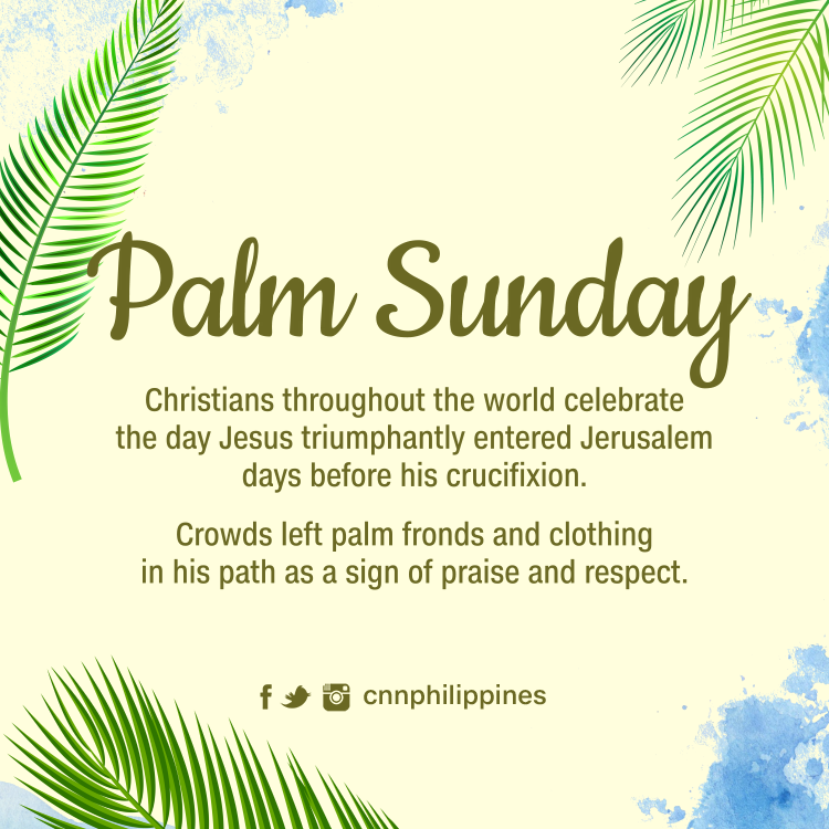 newswatchplusph's tweet photo. Have a blessed Palm Sunday 🌿🙏🏼

Palm Sunday is the last Sunday of Lent and the first day of Holy Week.

People wave palm fronds or 'palaspas' to commemorate Jesus' triumphant entry to Jerusalem days before his crucifixion. https://t.co/QaZFCRPURb