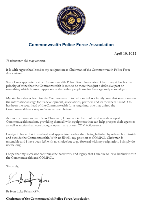 FylanLuke's tweet photo. It is with regret that I tender my resignation as Chairman of the Commonwealth Police Force Association.

I thank you all for the memories made over the last year and a bit.💚 https://t.co/7I2ENY6EJD