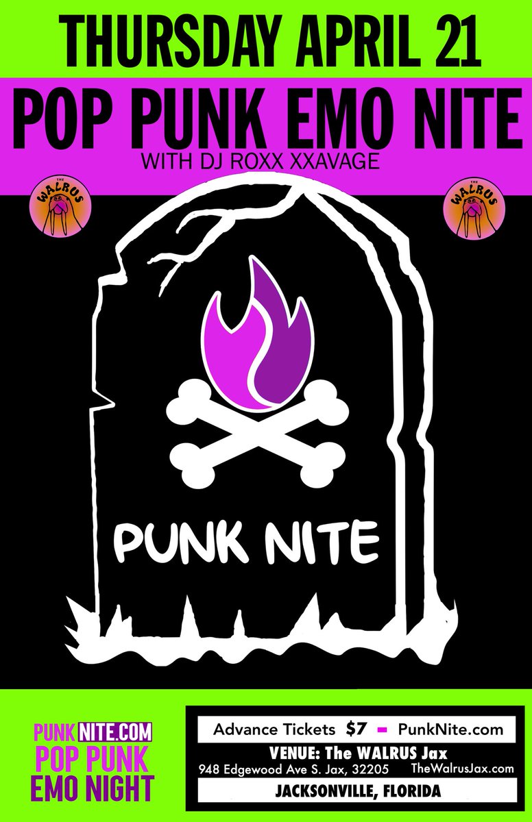 PunkNites's tweet photo. Jacksonville FL show on April 21 - if you know anyone in Jax area would love it if you shared with them 💜🖤💜 #PunkNight #PunkNite #PopPunk #EmoNight #Jacksonville https://t.co/tUUGoSOogr