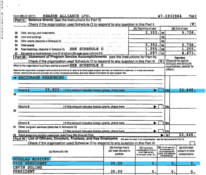 screenshot of Reason Alliance Ltd Form 990EZ, says $25,822 in expenses went to encourage reasoning but claims Vice President Doug Misicko worked 20 hours per week and got no money