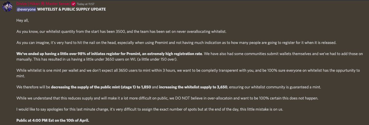 Hikari_nfts's tweet photo. Slight update to Whitelist &amp; Public Supply.

Public supply updated: 1850

Whitelist supply updated: 3650 

Ensuring all whitelisted members have the opportunity to mint.

光 https://t.co/hWRYi6c6De