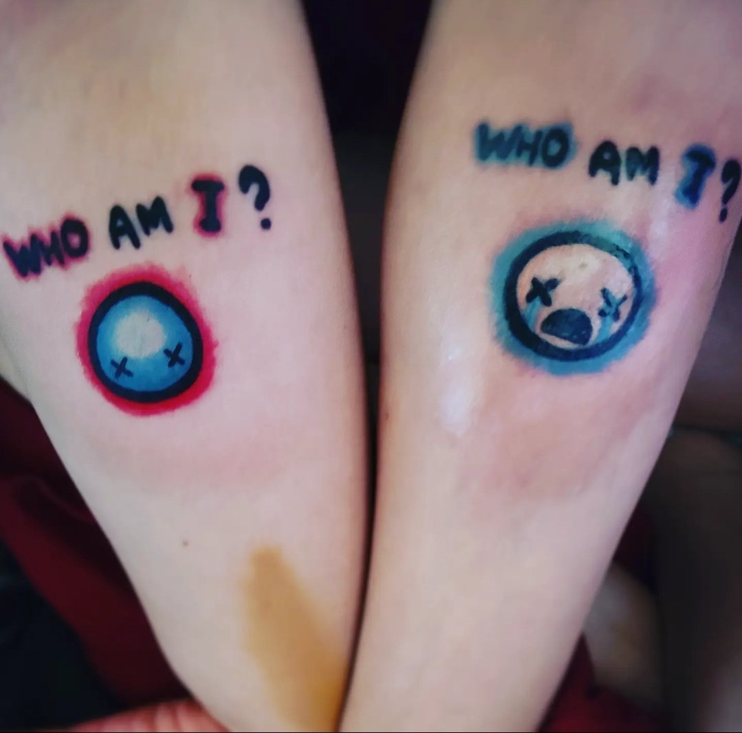 kaylazybee's tweet photo. To commemorate 9 years of being together, my girlfriend and I got Isaac tattoos. Been a fan since like 2012.
🤘💧😭💧🤘

It's essentially 'Fate' and 'Isaac's Head' with the character selection screen quote that carries a lot of meaning to us both.
 
@edmundmcmillen https://t.co/2GcnujCui9