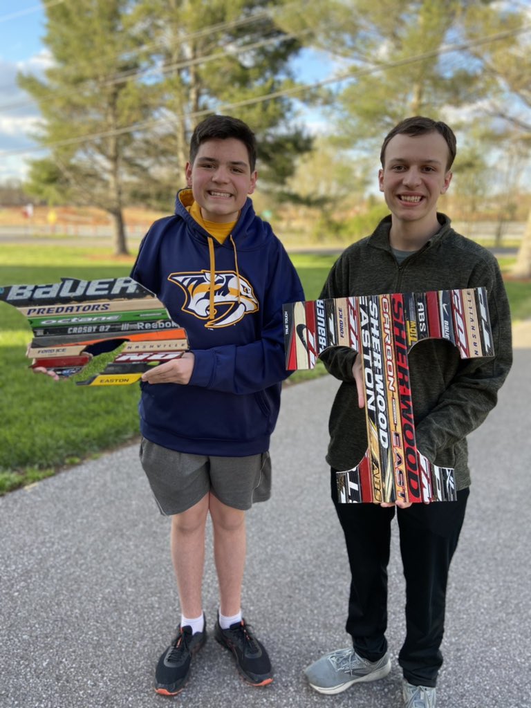 JoshPorterBGKY's tweet photo. Tyler and Drew helped me clean over Spring Break by working on a project with all of their old hockey sticks. Drew made a Predators head and Tyler made a “T” for his name and future home! (Safety was priority!) @DrewPorter06 @TylerPorter95 @PredsNHL @Gnash00 @UTKnoxville @utkhsp https://t.co/VncmoQikoY