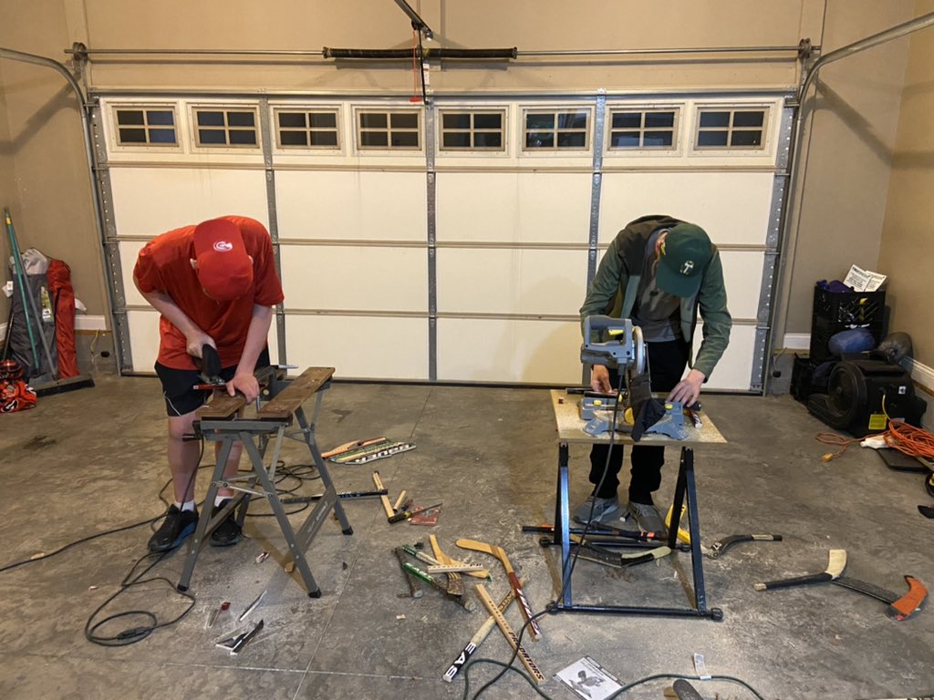 JoshPorterBGKY's tweet photo. Tyler and Drew helped me clean over Spring Break by working on a project with all of their old hockey sticks. Drew made a Predators head and Tyler made a “T” for his name and future home! (Safety was priority!) @DrewPorter06 @TylerPorter95 @PredsNHL @Gnash00 @UTKnoxville @utkhsp https://t.co/VncmoQikoY