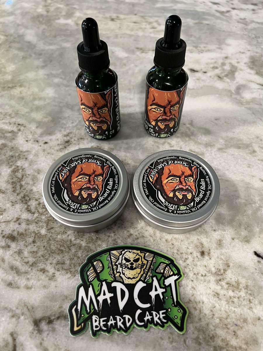 So this is a real thing!  I have partnered with Mad Cat Beard Care to bring you the official “Scent of Sarcasm” beard oil &amp; balm.  I’d say this is a bucket list moment but I never dreamed of something like this! So cool and proceeds go to help stray cats! madcatbeardcare.com/product-page/s…