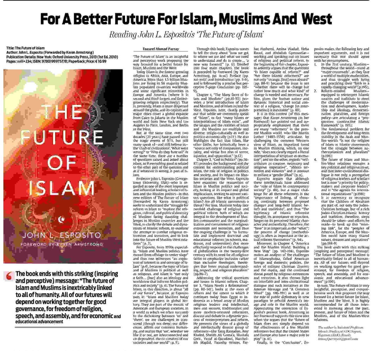 TauseefAParray's tweet photo. My #Weekly_BookReview in @kashmirobserver (dt. 9/4) on #ProfJohnLEsposito's book https://t.co/FZO3eMR81Y