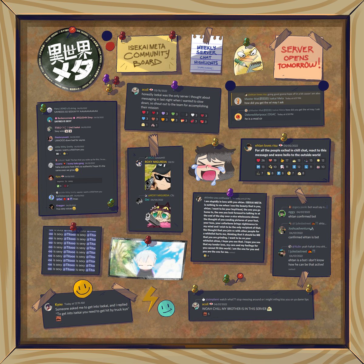 CyrisRigor's tweet photo. Introducing, Isekai community board! 

Every Sunday right after the discord closes we will post a board containing the chat highlights/funny moments for everyone to enjoy during the weekend.🌟 https://t.co/4iKRO6Inew