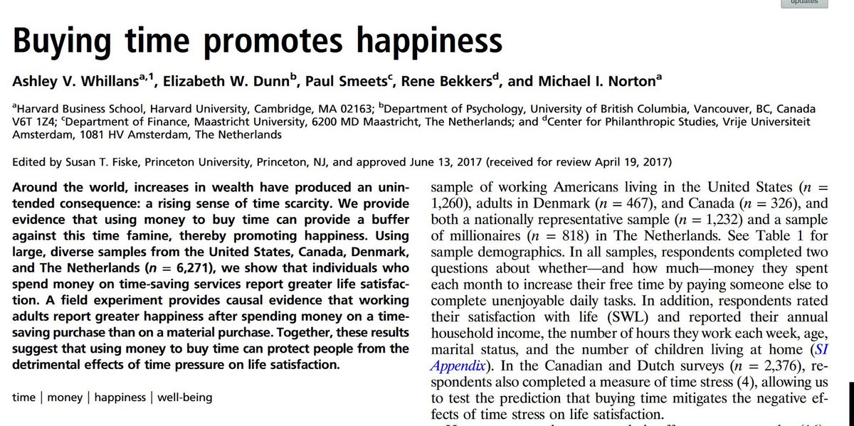 emollick's tweet photo. Money makes people happiest when they use it to buy time.

This paper tested groups from Dutch millionaires to representative samples of US adults. It found spending  💰 to outsource tasks people don’t enjoy in order to get free time beat buying things.  https://t.co/SWvqkLak8M https://t.co/QMVdOnmfWH