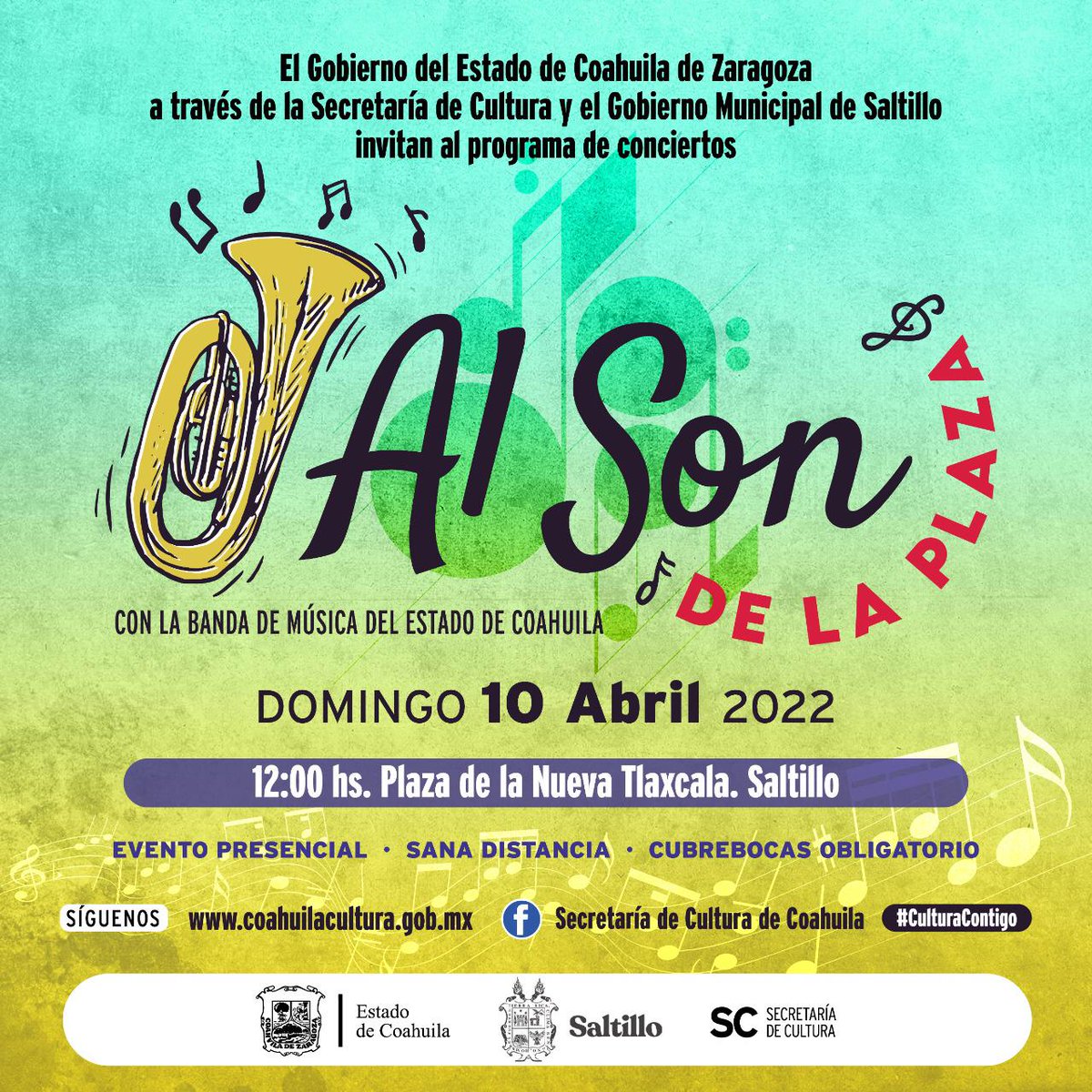 mrikelme's tweet photo. 📍La Secretaría de Cultura de #Coahuila y el municipio de #Saltillo invitan al programa de conciertos “Al Son de la Plaza” con la Banda de Música del Estado de Coahuila. Domingo 10 de abril a partir de las 12:00 hrs. en la Plaza Nueva Tlaxcala. ¡Asiste con tu familia! #SS22 https://t.co/zqXA5ZKG6Z
