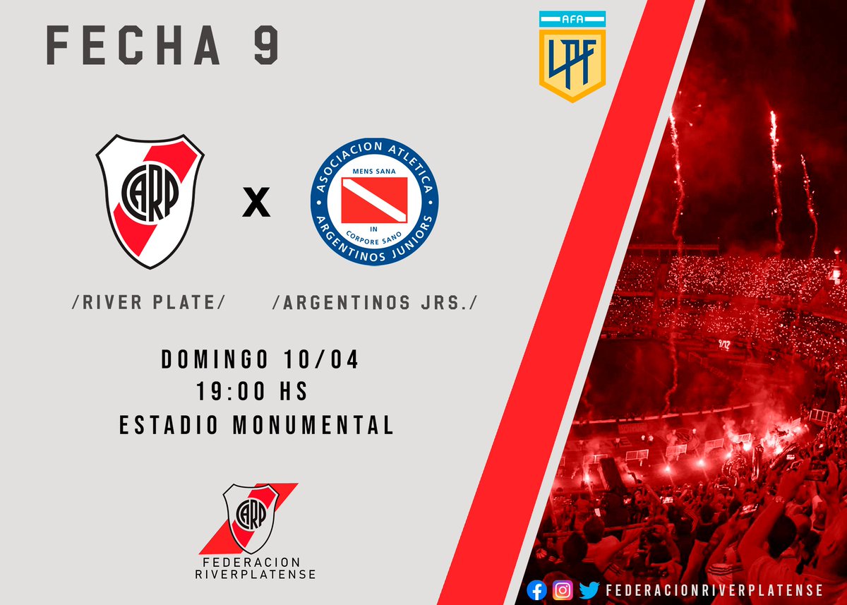 friverplatense's tweet photo. 🏆 Copa de la Liga | Fecha 9
⚽ #River vs Argentinos Jrs.
📅 Domingo 10/4
🕘 19:00hs
🏟️ Estadio Monumental 
📺 TNT Sports 🇦🇷 https://t.co/gBfJaipCxm