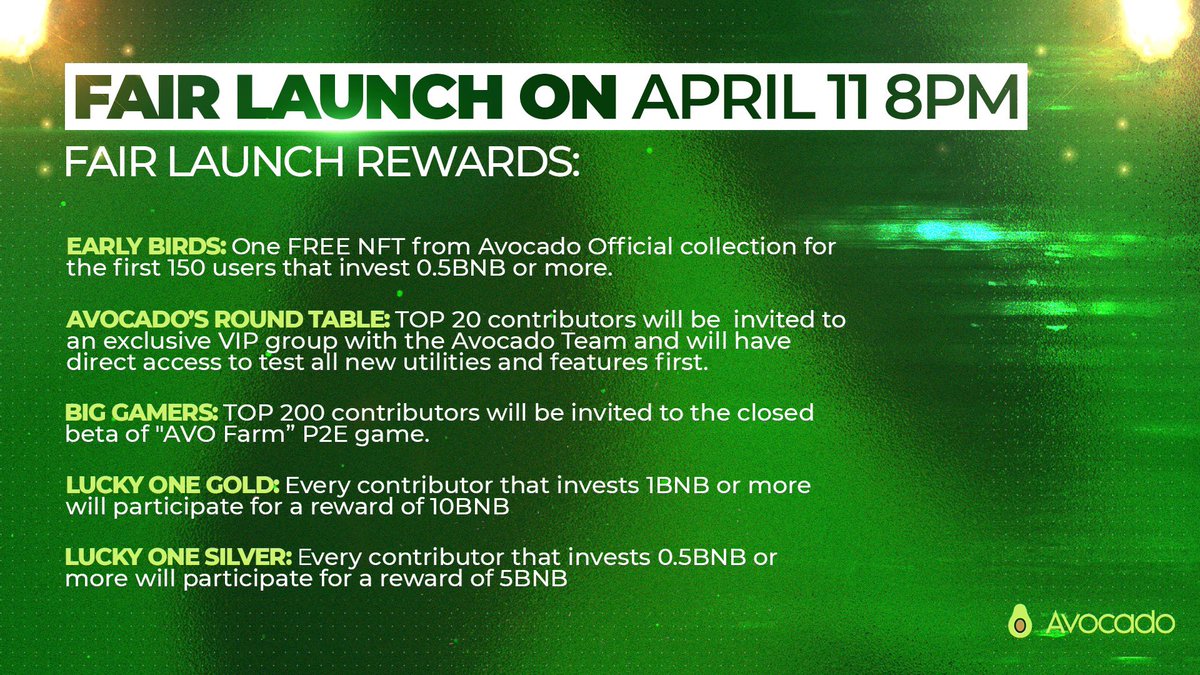 🚨FAIR LAUNCH REWARDS🚨

🎁We are excited to show you the different rewards we are offering on our Fair Launch! 

🐦Early birds
👑Avocado’s Round table
👾Big gamers
🥇Lucky one (Gold)
🥈Lucky one (Silver)

More information on the image below ⬇️