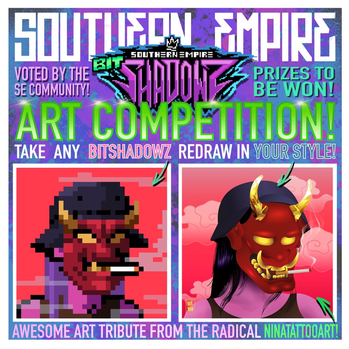 BITSHADOWZ ART COMP! Been a treat to see all the entries! Still time to draw your own! Hosted in the SE discord (link in comments) - Take any bitshadow, redraw it your way-Then post it up! Deadline is 15th April 7pm UTC. Rad prizes to be won! RAD art in pic from <a href="/ninatattooart/">Nina 👹✨</a>