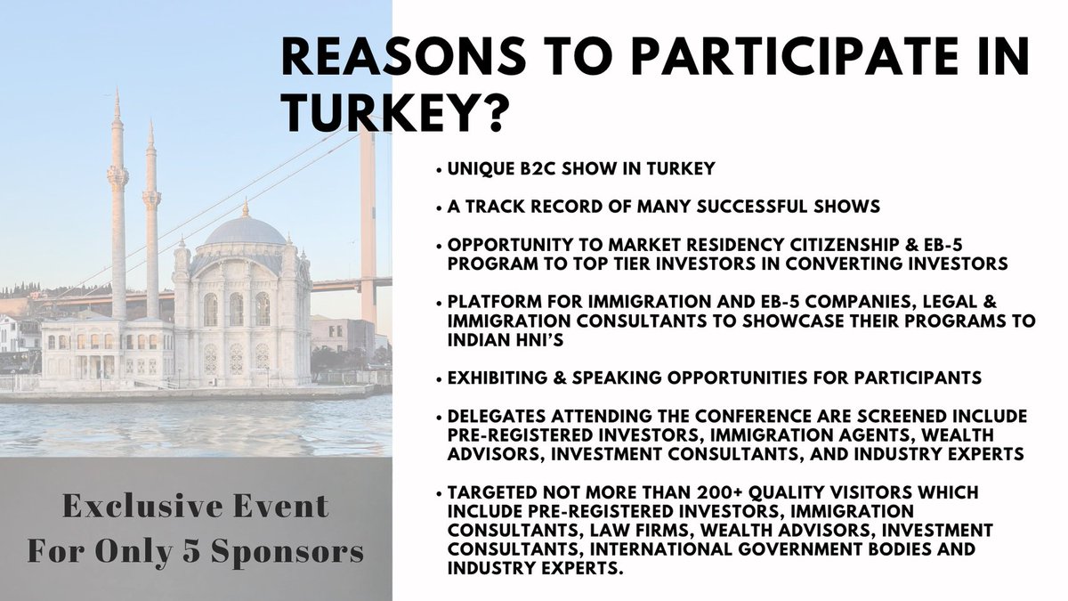 BLS GLOBAL is pleased to announce our upcoming event will take place in Istanbul, Turkey on 21st May 2022.  3 Slots left!
Enquire now: sam@blsmedia.co.uk
#citizenship #residencybyinvestment #eb5 #eb5visa #goldenvisa #goldenvisaportugal #goldenvisagreece #USA #turkey #greencard