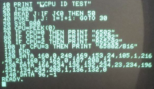 MonotechPCs's tweet photo. Some more results. Someone kindly provided a BASIC program that works on Commodore machines and Apple II. I ran it on a PET 2001, and discovered some of my samples are 65C02, which I suspected as they crash on C64 demos (when in my MOS CPU Replacer). https://t.co/gKxVoozMSr