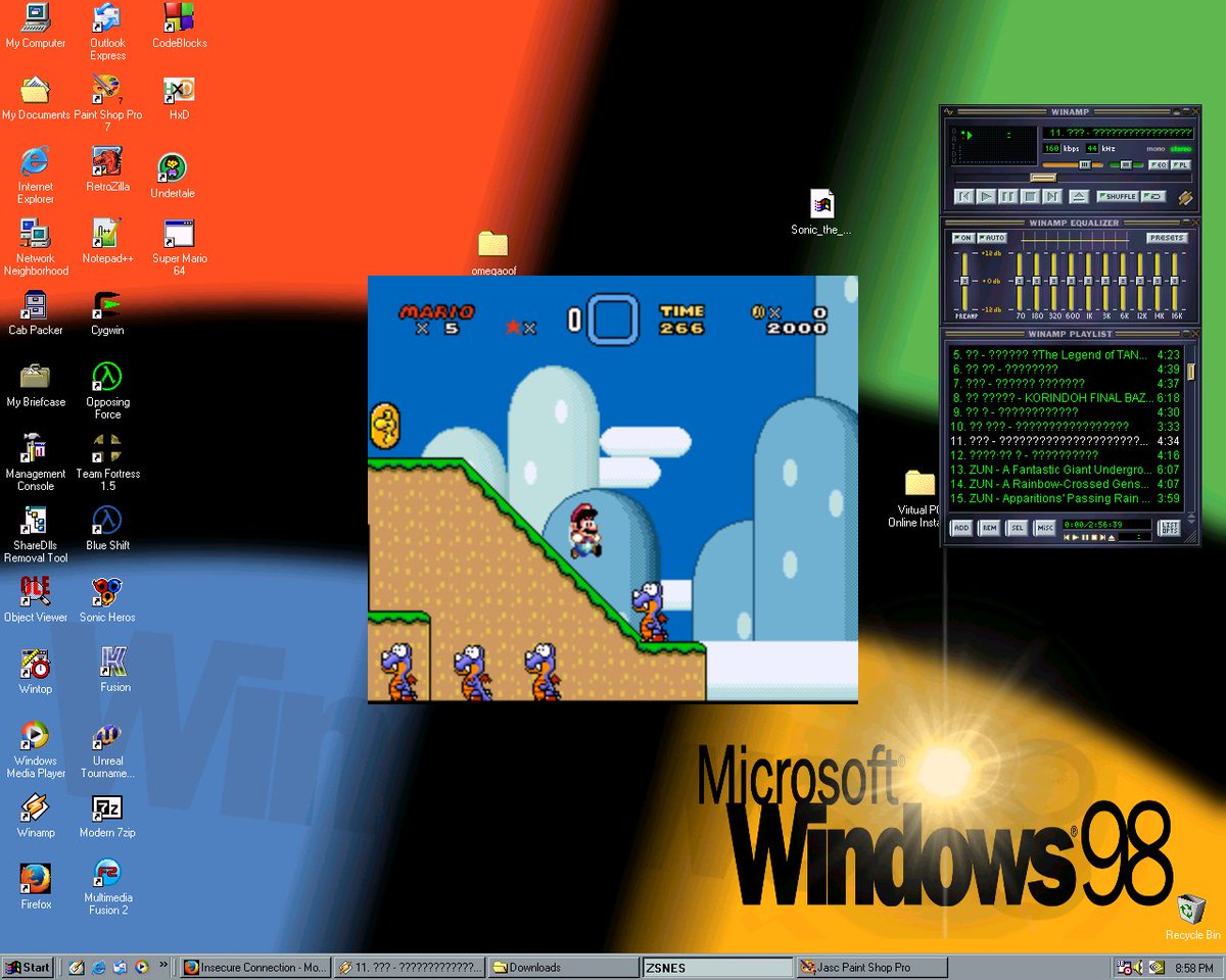 doitonwin98's tweet photo. To absolutely nobody's surprise, you can run ZSnes 1.51 on Windows 98 without KernelEX. Its good enough if you just wanna play some snes games https://t.co/on4RPeR98o