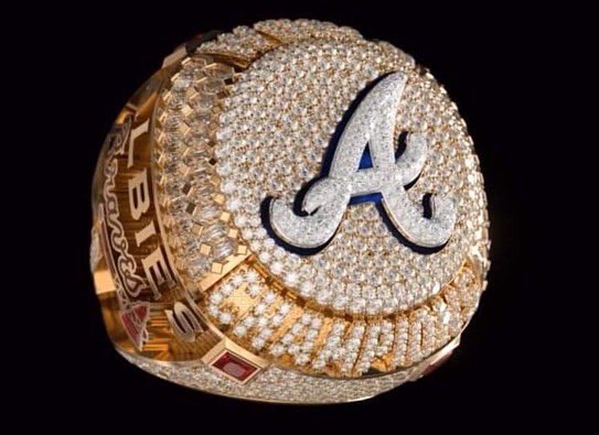 GAFollowers's tweet photo. The Braves new World Series ring has 150 diamonds in the A, 755 total diamonds, 44 emerald cut diamonds, 18.71k gold, 11 rubys inside of the ring to show all the braves World Series home runs working lights in the ring, and a Joc pearl. https://t.co/SgR7C1ODF5