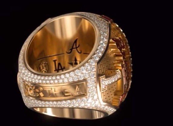 GAFollowers's tweet photo. The Braves new World Series ring has 150 diamonds in the A, 755 total diamonds, 44 emerald cut diamonds, 18.71k gold, 11 rubys inside of the ring to show all the braves World Series home runs working lights in the ring, and a Joc pearl. https://t.co/SgR7C1ODF5