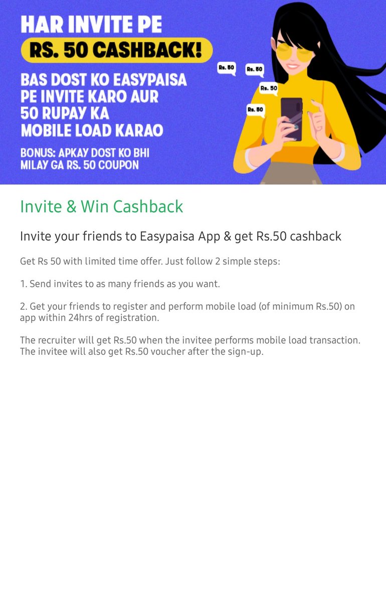 idrees_cse's tweet image. Get Rs 50 with limited time offer. Just follow 2 simple steps:
 Get your friends to register and perform mobile load (of minimum Rs.50) on app within 24hrs of registration. 

The invitee will also get Rs.50 voucher after the sign-up. 
 eptelenorbank.page.link/jigitw7WDMwxUM…