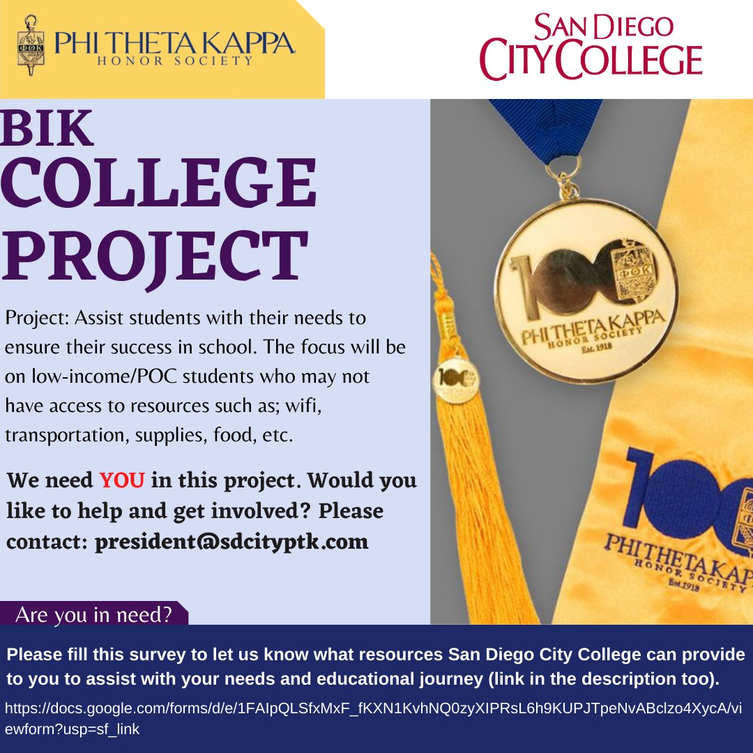 sdcityptk's tweet photo. College Project!

The College Project is an essential step towards being a five-star chapter. It is an in-depth approach to show the college and the administration that Phi Theta Kappans get things done! 😇

Link for the survey:

https://t.co/ilgrPdyA7K https://t.co/USa6qqgJht