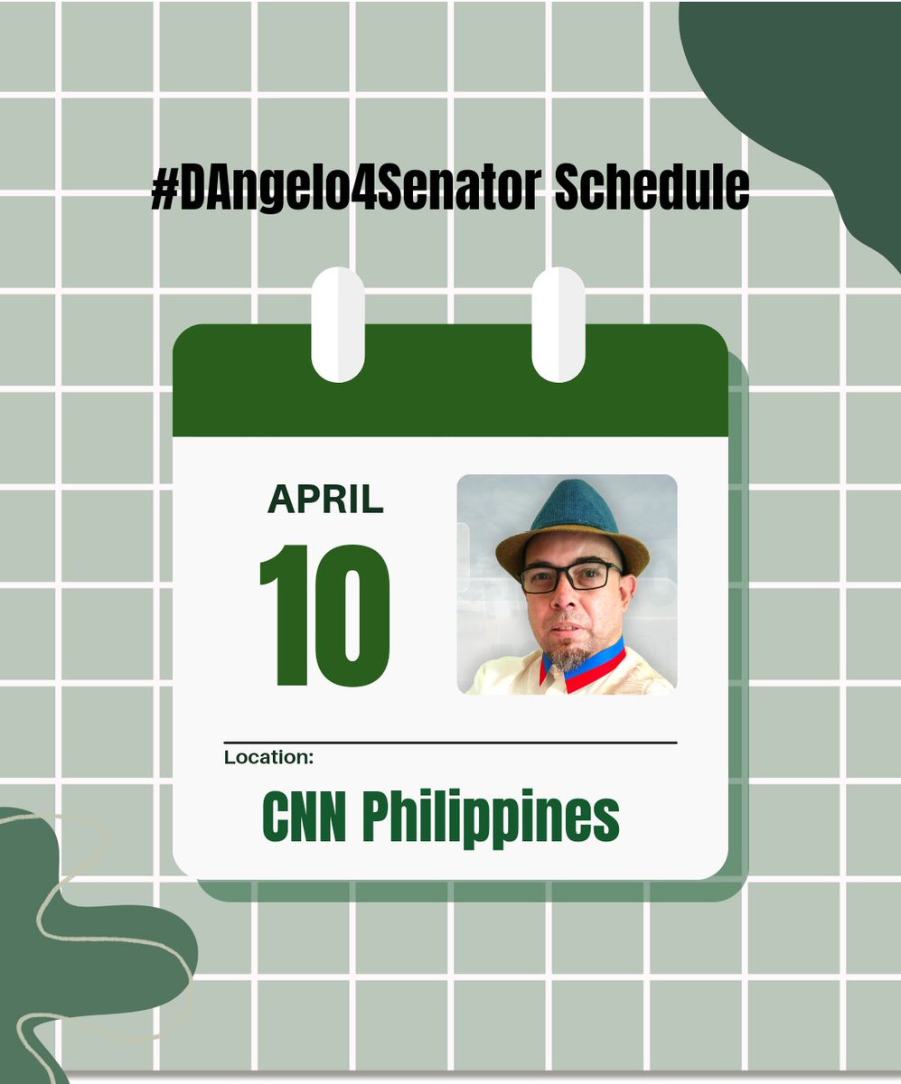 dangelo4senator's tweet photo. Maka-KALIKASANG ARAW! Mamaya po ay nasa CNN PH tayo para sa The Filipino Votes Senatorial Forum. Ito po ay live via Facebook at maipapalabas din po ito sa TV mamayang 7PM.

Nood po kayo. Salamat po!
🔗 https://t.co/AhDgVcaqUH

#DAngelo4Senator #KalikasanMuna #cnnphsenatorialforum https://t.co/mgvO107cLB