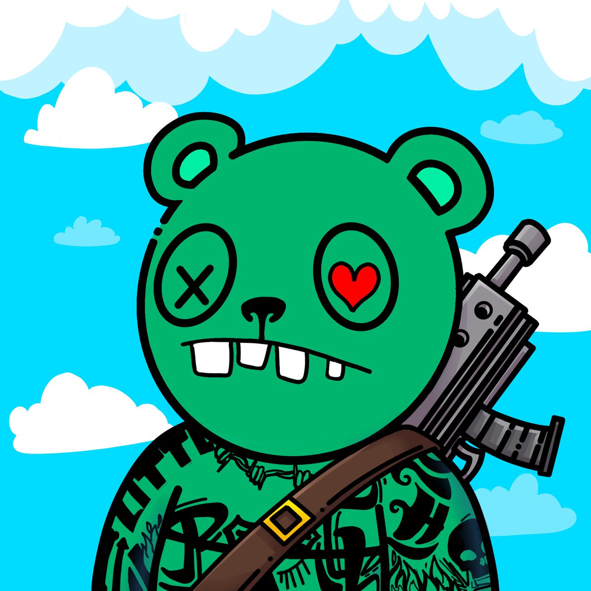 Meet Gang Member #177
Tier: Lieutenant
Background: Sky 
Skin: ZombieGreen
Eyes: X Heart
Clothes: Mexican Tattoo
Body Accessory: Uzi

Mint yours at pandagang.io

#PGNFT #NFTs #NFTproject #NFTdrops #Nftmint #NFTMinting #nftcollector #NFTCommunity