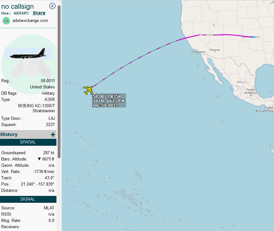 SirListenalot's tweet photo. It's that time of the year π
Some #KC135's inbound Honolulu for #CoronetWest 499
#AE04FC as #CABAL71 from McConnell
#AE07B0 as #CABAL72 from Phoenix
#AE013B as #CABAL81 from Salt Lake City
#AE068E as #CABAL82 from Beale https://t.co/65FMLW8GnN
