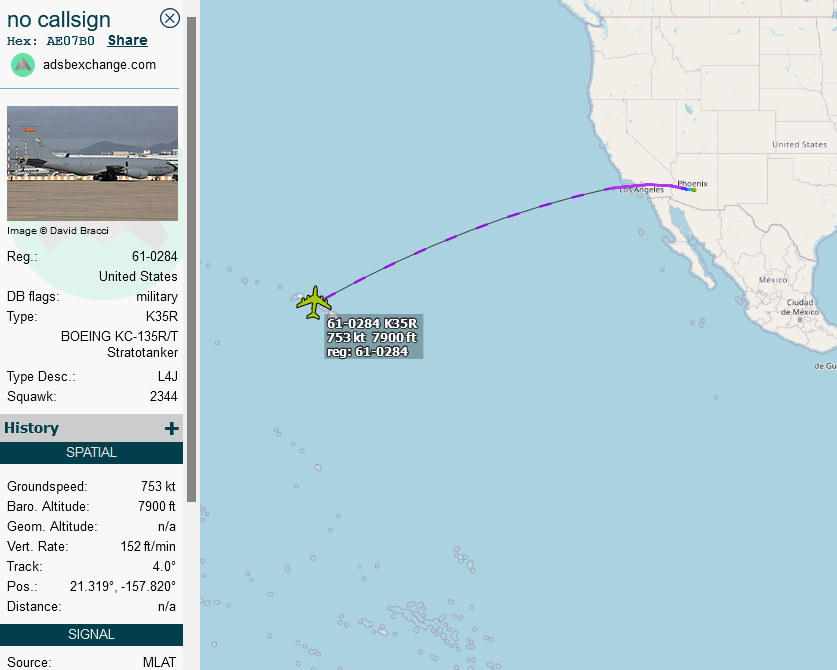 SirListenalot's tweet photo. It's that time of the year π
Some #KC135's inbound Honolulu for #CoronetWest 499
#AE04FC as #CABAL71 from McConnell
#AE07B0 as #CABAL72 from Phoenix
#AE013B as #CABAL81 from Salt Lake City
#AE068E as #CABAL82 from Beale https://t.co/65FMLW8GnN