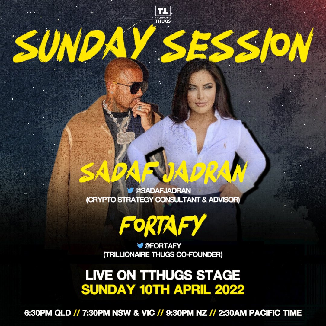 Indo_drift (@indo_drift) on Twitter photo 💎 Trillionaire Sunday Sesh 💎
Good way to wind down and consume some more gems 🙌🏽
<a href="/FORTAFY/">FORTAFY</a> & <a href="/SadafJadran/">Sadaf Jadran</a>
WA - 5:30pm
QLD - 7:30pm (Daylight saving finished)
NSW/Melb - 7:30pm
NZ - 9:30pm
LA - 2:30am
<a href="/TThugsNFT/">Trillionaire Thugs NFT</a> #trillionairethugs #nfts #sundaysession #crypto 💎 Trillionaire Sunday Sesh 💎
Good way to wind down and consume some more gems 🙌🏽
<a href="/FORTAFY/">FORTAFY</a> & <a href="/SadafJadran/">Sadaf Jadran</a>
WA - 5:30pm
QLD - 7:30pm (Daylight saving finished)
NSW/Melb - 7:30pm
NZ - 9:30pm
LA - 2:30am
<a href="/TThugsNFT/">Trillionaire Thugs NFT</a> #trillionairethugs #nfts #sundaysession #crypto