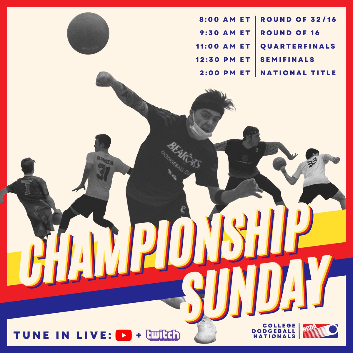 NCDAdodgeball's tweet photo. Sunday start times listed: https://t.co/5v94K0ahq3