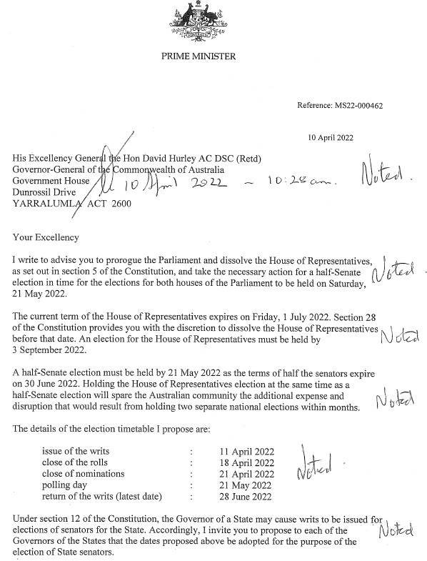 political_alert's tweet image. The Official Secretary to the Governor-General has released documents relating to the calling of the election for 21 May 2022 #ausvotes #auspol