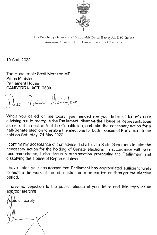 political_alert's tweet image. The Official Secretary to the Governor-General has released documents relating to the calling of the election for 21 May 2022 #ausvotes #auspol