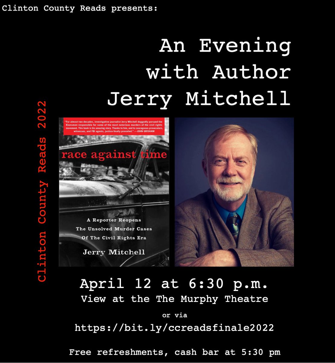 Sabina_Library's tweet image. Journalist Jerry Mitchell, author of “Race Against Time,” will hold an interactive webinar Tuesday, April 12, for #ClintonCountyReads at the Murphy Theatre in Wilmington as the culminating event for the community reading program.
#AuthorVisit #booktalk #libraryweek #truecrime