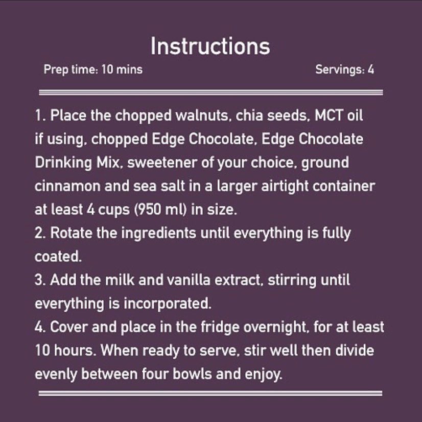 EdgeChocolate's tweet image. Make your overnight oats tonight for a tasty breakfast tomorrow!! Swipe for the recipe!! 😍🌙

#edgechocolate #ketochocolate #breakfastprep #fatfueled #lowcarbchocolate