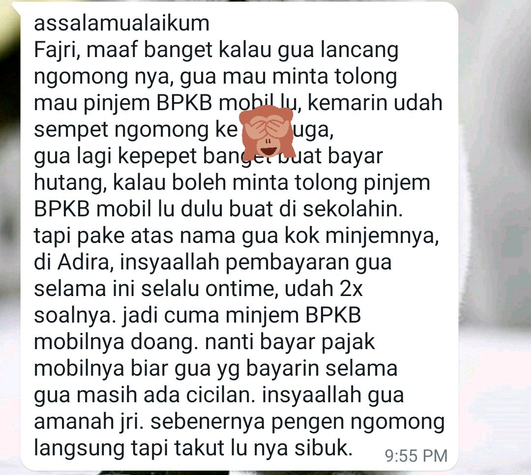 27 tahun gw idup, baru nemu temen selancang ini.

Minjemnya bukan duit tapi BPKB mobil 😭