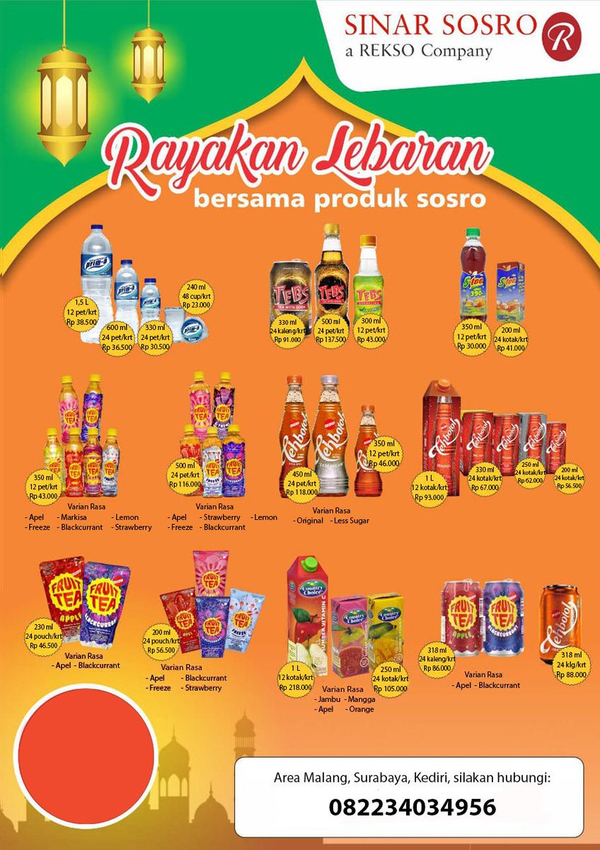 READY aneka produk minuman SOSRO. Pas buat suguhan Lebaran besok, biar ngga capek bikin minuman ke dapur tiap ada tamu. Pesan banyak bisa diantar!!
<a href="/infomalang/">Info Malang</a> #pasarmingguinfomalang