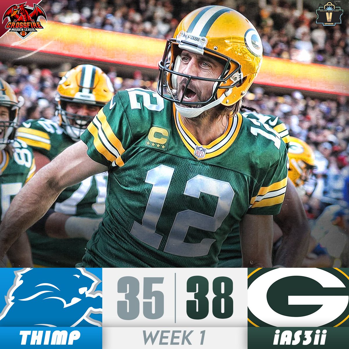 CrossfireLG's tweet photo. INSTANT CLASSIC 🎬 PACKERS WINS IT W/ NO TIME REMAINING in Week 1! 🤯 #RoadToV
#FranchiseNation x @leaguecrawler @CFMNetwork @neonsportz https://t.co/HzJY0apP58