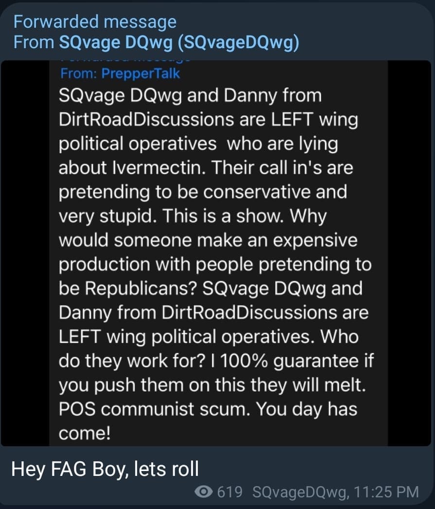 Danny from dirtroaddiscussions and SQvage DQwg are going to do more shows. We should ask ourselves before they do. Are they bioterrorists? #Prepper #PrepperTalk #LinWood #BioTerrorist #BioTerror #Terrorism  t.me/NewSavageDawg?…